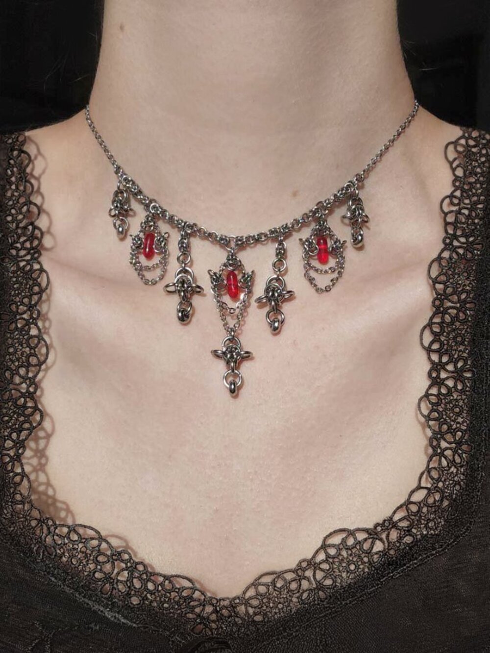 Gothic Victorian Vampire silver and red chandelier statement necklace
